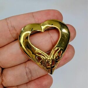Vintage Golden Heart Brooch Pin With Filigree Design 1.75" x 1.5"